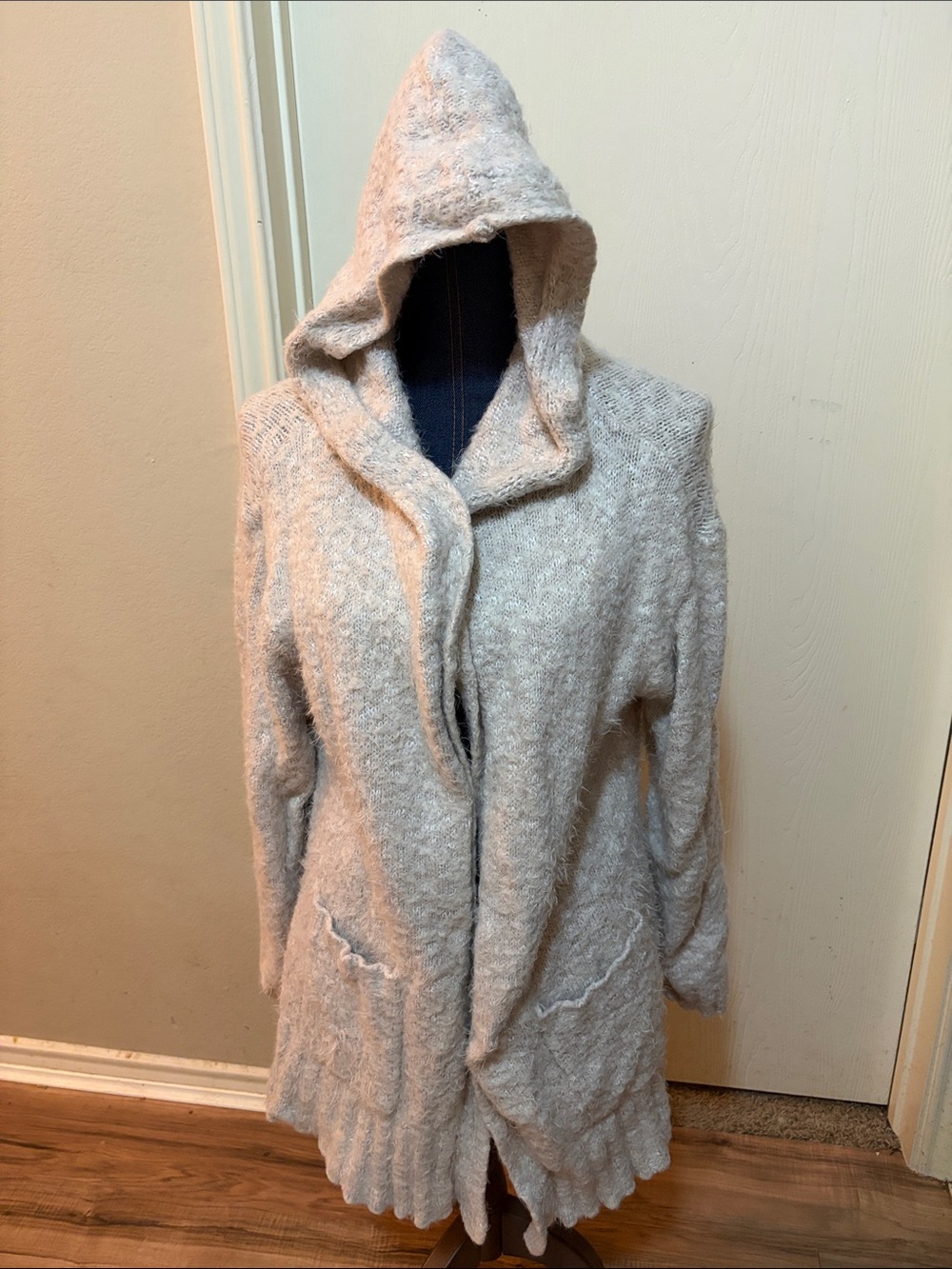 Plush hooded cardigan in cream by Express.